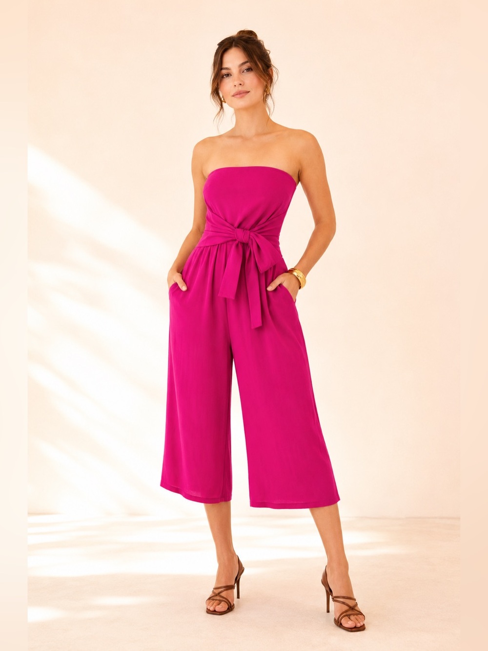 Anthropologie x Maeve Strapless Wide Leg Cropped Jumpsuit Fuchsia Pink Pockets 4